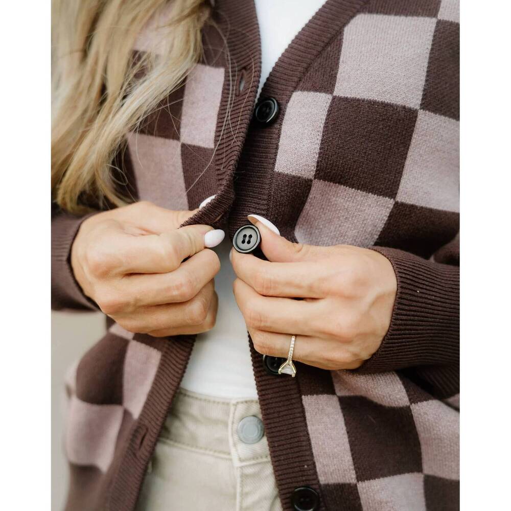 NEW INDIE & CO hunter checker cardigan in brown - Picture 6 of 8